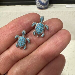 Blue and Silver Turtle Earrings with Detailed Shell Design